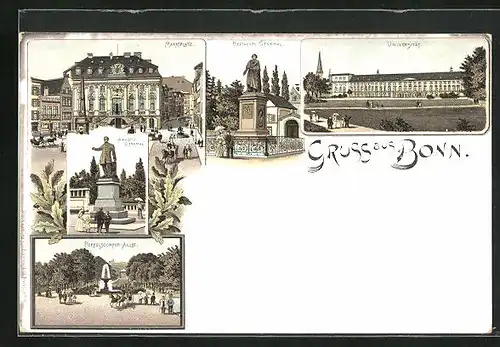 Lithographie Bonn, Marktplatz und Poppelsdorfer Allee