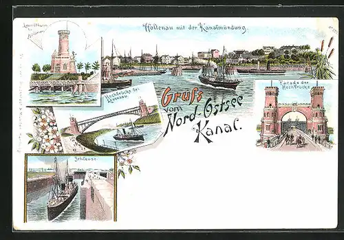 Lithographie Levensau, Hochbrücke, Leuchtturm bei Holtenau und Schleuse