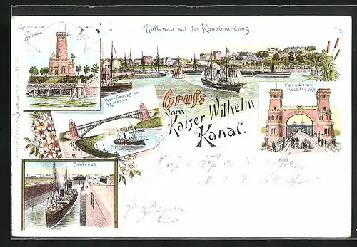 Lithographie Levensau, Hochbrücke, Leuchtturm bei Holtenau und Hochbrücke