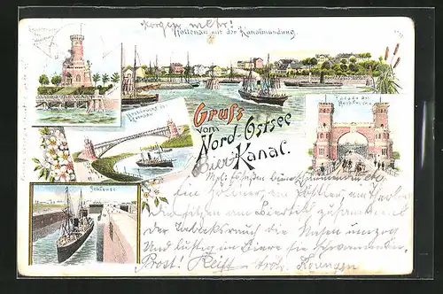 Lithographie Levensau, Hochbrücke, Leuchtturm bei Holtenau und Fasade der Hochbrücke