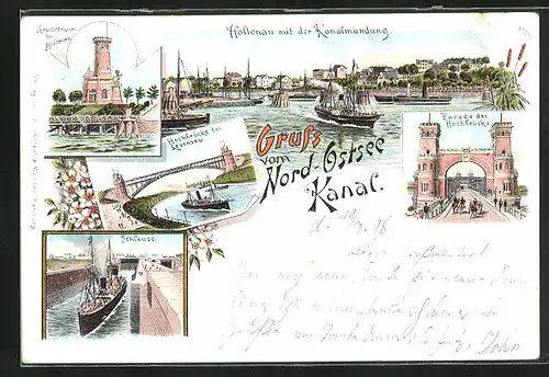 Lithographie Levensau, Hochbrücke, Leuchtturm bei Holtenau und Schleuse