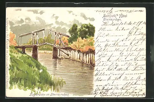 Lithographie Steinkirchen, Zugbrücke im Herbst