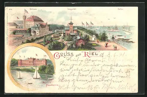 Lithographie Kiel, Marineakademie und Schloss