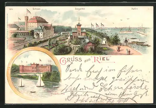 Lithographie Kiel, Schloss und Seegarten