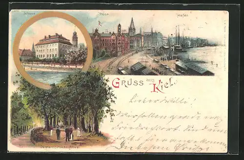 Lithographie Kiel, Schloss und Düsternbroker-Allee