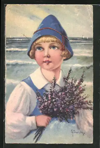 Künstler-AK Elly Frank: Mädchen mit Haube und Heidestrauss