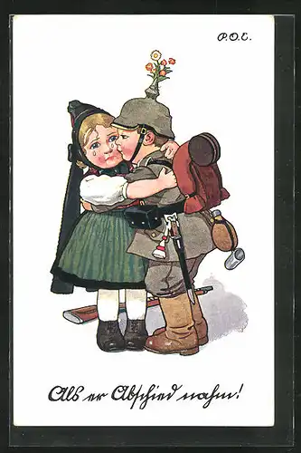 Künstler-AK P. O. Engelhard (P.O.E.): Deutscher Soldat verabschiedet sich