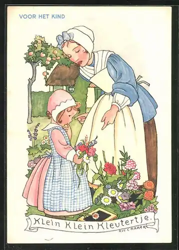 Künstler-AK Rie Cramer: Klein Klein Kleutertje, Mutter und Kind mit Blumen