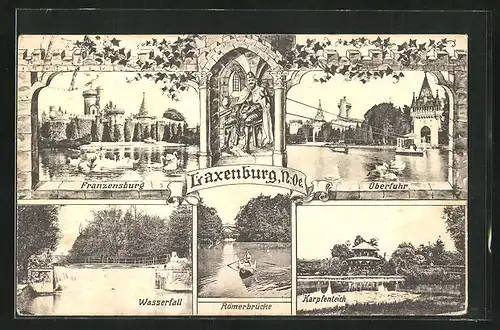 AK Laxenburg, Franzensburg, Überfuhr, Karpfenteich