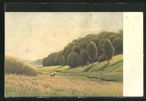 Künstler-AK G. Kondratenko: Un paysage, Frauen auf einer Blumenwiese, Rotes Kreuz Russland