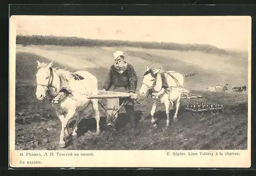 Künstler-AK E. Répine: Léon Tolstoy à la charrue, Rotes Kreuz Russland