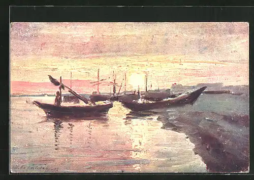 Künstler-AK J. Kalmykoff: Le coucher du soleil, Boote bei Sonnenuntergang, Rotes Kreuz Russland