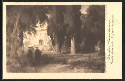 Künstler-AK Oswald Achenbach: Le jardin du couvent, Der Klostergarten, Rotes Kreuz Russland