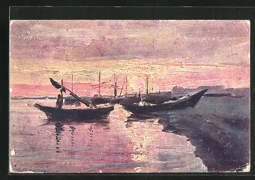 Künstler-AK J. Kalmykoff: Le coucher du soleil, Boote bei Sonnenuntergang, Rotes Kreuz Russland