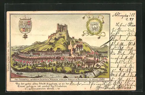 Lithographie Segeberg, Totalansicht der Stadt um 1580