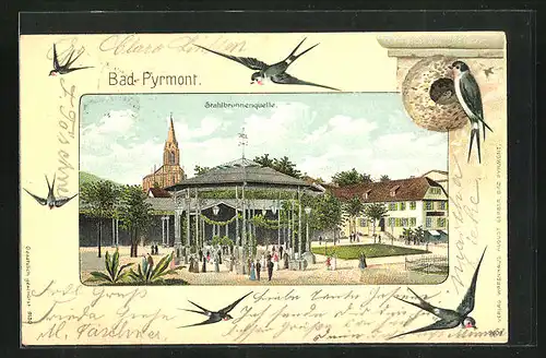 Passepartout-Lithographie Bad Pyrmont, Stahlbrunnenquelle gegen Kirche, Schwalben