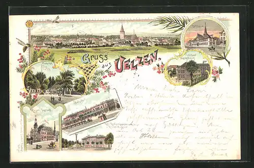 Lithographie Uelzen, Gasthaus Fischerhof, Bahnhof, Höhere Töchterschule
