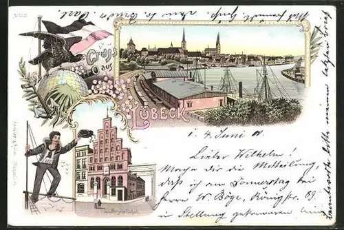 Lithographie Lübeck, Schiffergesellschaft, Flusspartie gegen Stadtzentrum