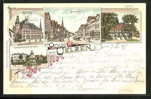 Lithographie Uelzen, Gudes-Strasse, Gasthaus Fischerhof, Reichspost