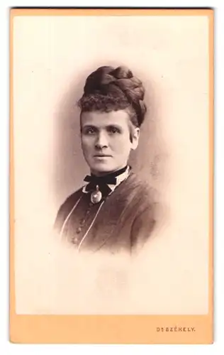 Fotografie Dr. Szekely, Wien, Elisabethstr. 2, Portrait ernst schauende Frau mit Hochsteckfrisur und Brosche