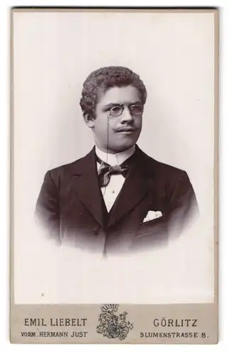 Fotografie Emil Liebelt, Görlitz, Blumenstr. 8, Portrait junger Mann im Anzug mit Fliege und Zwicker Brille