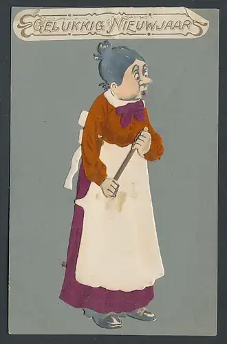 Filz-AK Hausfrau mit Schürze