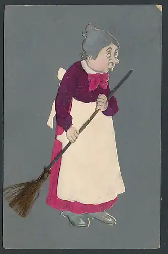 Filz-AK Hausfrau mit Besen