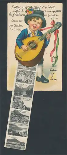 Leporello-AK Rathen / Sächs. Schweiz, Kind spielt Gitarre, Gasthaus auf dem Brand, Basteibrücke mit Basteifelsen