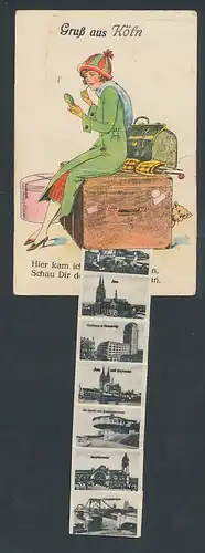 Leporello-AK Köln, Frau schminkt sich auf ihrem Koffer, Hohenzollernbrücke, Dom mit Stapelhaus, Dampfer auf dem Rhein