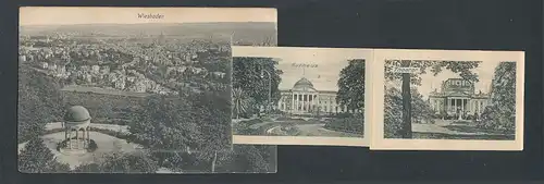 Leporello-AK Wiesbaden, Hotel Kurhaus, Schiller Denkmal, Kochbrunnen