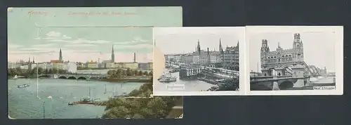 Leporello-AK Hamburg, Hamburg, Lombards-Brücke mit Alster Bassin, Neue Elbbrücke, Hafen mit Schiff