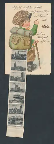 Leporello-AK Köln, Kleiner Wanderer, Hohenzollernbrücke, Dampfer auf dem Rhein mit Dom, Totalansicht