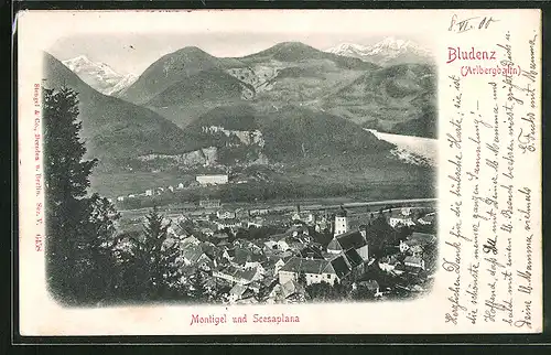 Relief-AK Bludenz, Blick auf Montigel und Scesaplana