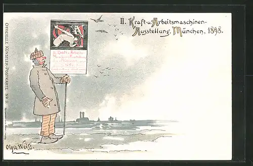 Lithographie Ganzsache Bayern PP15C2 /09: München, II. Kraft- & Arbeitsmaschinen-Ausstellung 1898, Bayer m. Reklametafel