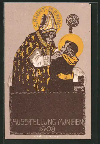 Künstler-AK Ganzsache Bayern PP15C144 /09: München, Ausstellung 1908, Münchner Kindl und Sankt Benno