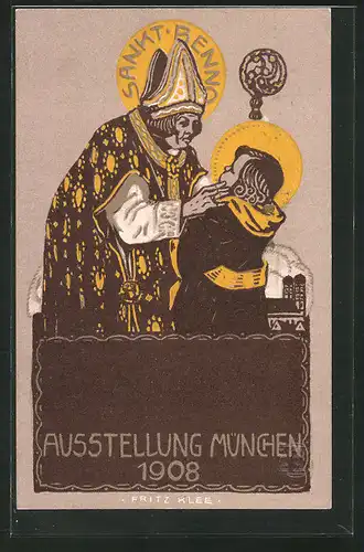 Künstler-AK Ganzsache Bayern PP15C144 /09: München, Ausstellung 1908, Münchner Kindl und Sankt Benno
