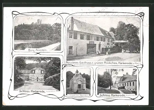 AK Harkerode / Harz, Nüsslein`s Gasthof z. grünen Röckchen, Burg Arnstein, Schloss