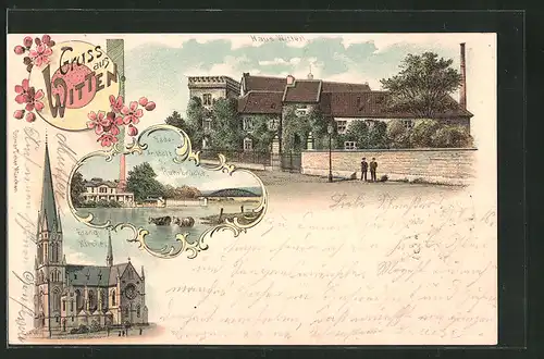 Lithographie Witten, Haus Witten, Badeanstalt u. Ruhrbrücke