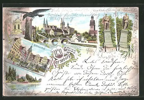 Lithographie Merseburg, Gotthardts Teich, Schlosshof, Rabenhaus