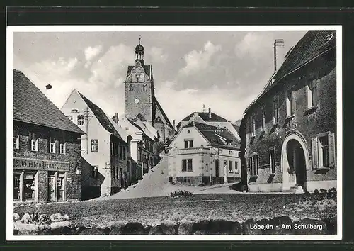 AK Löbejün, Strasse am Schulberg mit Kirche