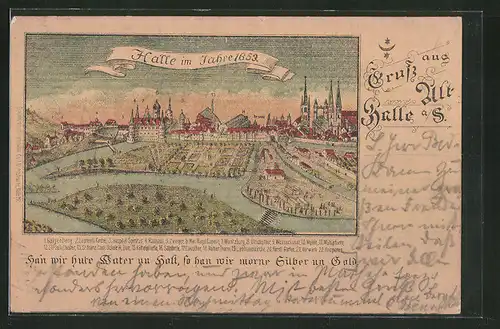 Lithographie Halle / Saale, Ansicht vom Jahre 1653