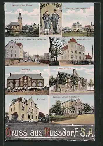 AK Russdorf, Gasthaus Stadt Altenburg, Gasthaus Zum Jägerhaus, Ortspartie an Stelzmanns Restaurant