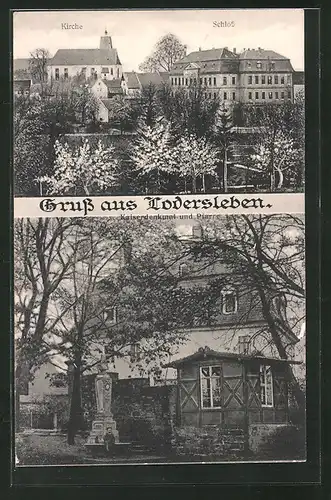 AK Lodersleben, Ortspartie mit Schloss u. Kirche, Kaiserdenkmal und Pfarre