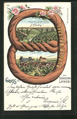 Passepartout-Lithographie Solingen, Schloss Burg a. d. Wupper, Kaiser Wilhelm-Brücke in Müngsten, Burger Brezel