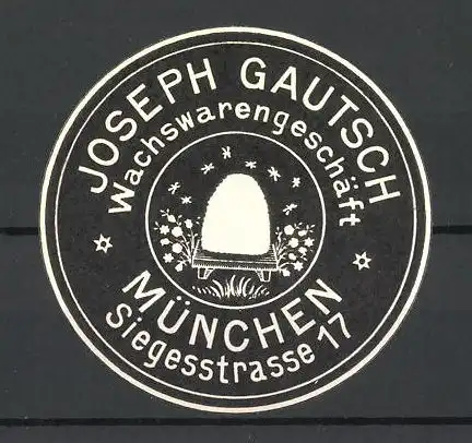 Präge-Reklamemarke Wachswarengeschäft von Joseph Gautsch, Siegesstr. 17, München, Bienenstock