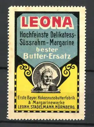 Reklamemarke Leona Hochfeinste Delikatess-Margarine, Margarinewerke Leonh. Stadelmann, Nürnberg, Bäcker mit Kuchen