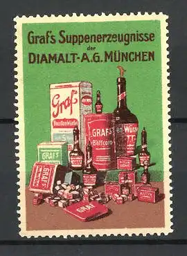 Reklamemarke Graf's Suppenerzeugnisse der Firma Diamalt AG, München, verschiedene Saucen & Boullionwürfel
