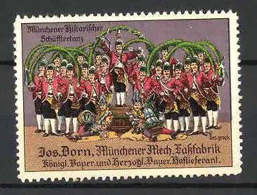 Reklamemarke Münchener historischer Schäfflertanz, Jos. Dorn, Mech. Fassfabrik, Mitglieder in Tracht