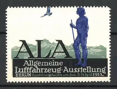 Reklamemarke Berlin, Allgemeine Luftfahrzeug-Ausstellung ALA 1912, nackter Wanderer im Gebirge