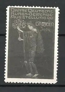 Reklamemarke Dresden, Dritte Deutsche Kunst-Gewerbe-Ausstellung 1906, Königin mit wurzelnacktem Baum
